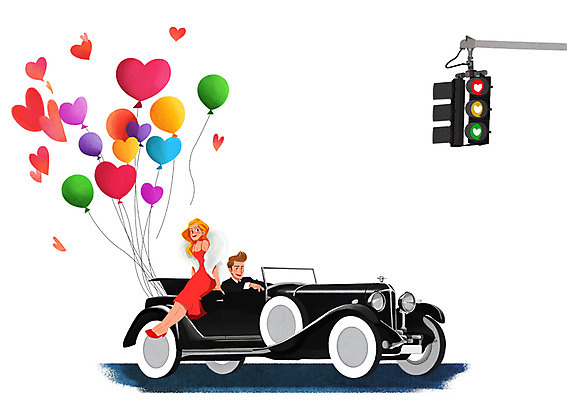 전신 PSD 커플 여자 남자 일러스트 상반신 성인 두명 하트 승차 신호등 오픈카 하트풍선 풍선 클래식카 국내일러스트 모양 관계 모션 승용차 사람 파일형식