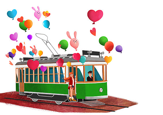 전신 PSD 커플 여자 남자 여행 일러스트 서기 앉기 상반신 성인 두명 하트 토끼 전차 하트풍선 풍선 기관사 트램 국내일러스트 모양 직업 육상교통 교통수단 포유류 관계 모션 대중교통 사람 반려동물 파일형식
