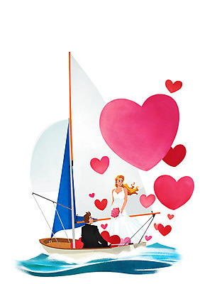 PSD 부부 커플 여자 남자 신부 바다 꽃다발 웨딩드레스 신랑 요트 일러스트 신혼부부 서기 들기 정장 턱시도 상반신 성인 두명 하트 승차 국내일러스트 모양 드레스 옷 꽃 결혼 배_교통 관계 모션 사람 신혼 파일형식