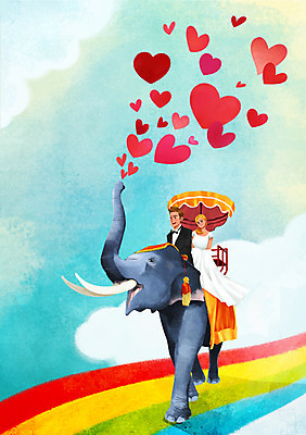 PSD 구름 부부 커플 드레스 여자 남자 신부 웨딩드레스 신랑 무지개 일러스트 신혼부부 하늘 코끼리 정장 턱시도 상반신 성인 두명 하트 승차 코끼리트래킹 국내일러스트 자연요소 모양 옷 결혼 포유류 관계 모션 사람 신혼 파일형식