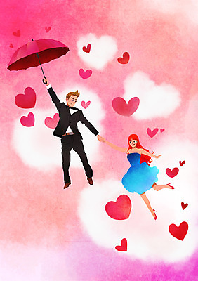 전신 PSD 구름 커플 드레스 여자 남자 일러스트 우산 하늘 들기 정장 턱시도 성인 두명 손잡기 하트 비행 국내일러스트 자연요소 모양 옷 관계 모션 사람 파일형식