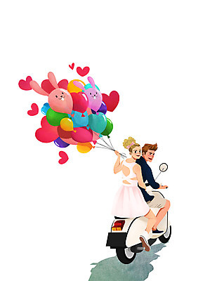 전신 PSD 커플 여자 남자 일러스트 들기 성인 두명 스쿠터 오토바이 하트 토끼 승차 하트풍선 풍선 국내일러스트 모양 포유류 관계 모션 사람 반려동물 바이크 파일형식