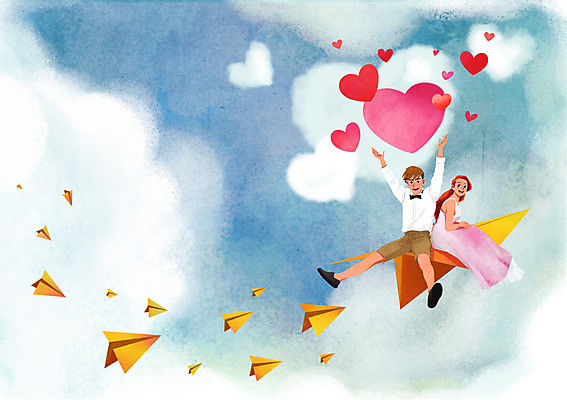 전신 PSD 구름 커플 드레스 여자 남자 일러스트 하늘 성인 두명 하트 승차 종이비행기 즐거움 국내일러스트 자연요소 모양 옷 감정 관계 모션 사람 종이접기 파일형식