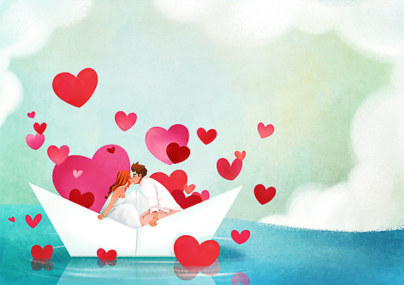 PSD 구름 부부 커플 여자 남자 신부 바다 신랑 일러스트 신혼부부 하늘 키스 앉기 상반신 성인 두명 하트 종이배 국내일러스트 자연요소 모양 결혼 관계 모션 사람 애정표현 종이접기 신혼 파일형식