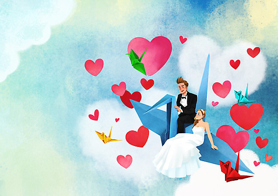 PSD 구름 부부 커플 여자 남자 신부 웨딩드레스 신랑 일러스트 신혼부부 앉기 정장 턱시도 상반신 성인 두명 하트 종이학 국내일러스트 자연요소 모양 드레스 옷 결혼 관계 모션 사람 종이접기 신혼 파일형식