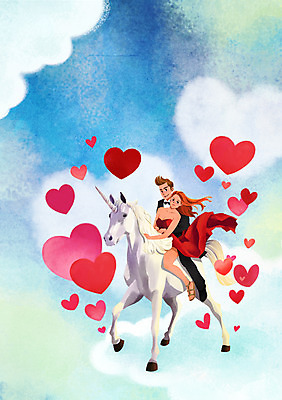 전신 PSD 구름 부부 커플 드레스 여자 남자 신부 신랑 일러스트 신혼부부 하늘 정장 턱시도 성인 두명 하트 승차 유니콘 국내일러스트 자연요소 모양 옷 결혼 관계 모션 사람 신혼 파일형식