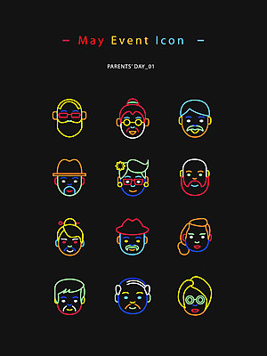 아이콘 여자 할아버지 남자 할머니 얼굴 엄마 수염 여러명 성인 컬러풀 아빠 어린이날 라인아이콘 웹아이콘 가정의달 네온아트 2D아이콘 AI파일 기념일 노년 컬러 다수 가족 사람 신체부위 5월 네온 파일형식 벡터