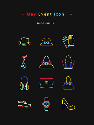 아이콘 모자 구두 장갑 넥타이 사람없음 컬러풀 핸드백 하이힐 어버이날 손목시계 중절모 라인아이콘 웹아이콘 가정의달 페도라 명품 네온아트 2D아이콘 AI파일 모자_잡화 잡화 기념일 시계 컬러 신발 가방 장신구 여성화 상품 5월 네온 파일형식 벡터