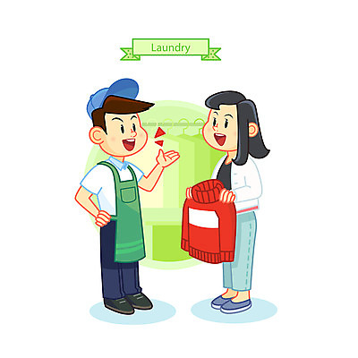 전신 여자 남자 일러스트 대화 서기 들기 사람 성인 두명 청결 스웨터 고객 상담 빨랫감 세탁소 손님맞이 국내일러스트 AI파일 상의 모션 말하기 위생 빨래 파일형식 벡터