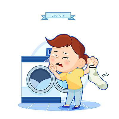 전신 여자 일러스트 양말 한명 서기 들기 사람 성인 청결 찡그림 냄새 세탁기 빨랫감 세탁소 국내일러스트 AI파일 1 모션 표정 가전제품 위생 빨래 파일형식 벡터