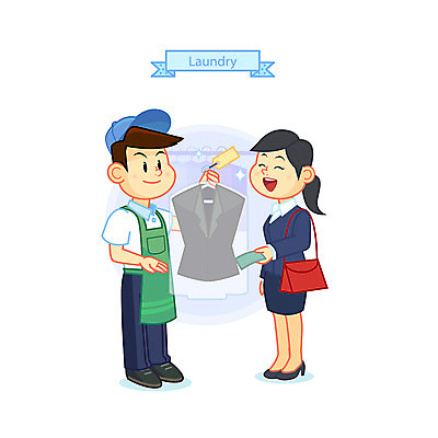전신 남자 돈 일러스트 서기 웃음 들기 사람 정장 성인 두명 깨끗함 청결 고객 드라이크리닝 빨랫감 세탁소 국내일러스트 AI파일 옷 컨셉 모션 표정 재산 위생 빨래 파일형식 벡터