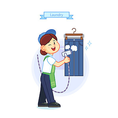 전신 여자 일러스트 바지 한명 서기 웃음 들기 사람 성인 청결 다리미 빨랫감 세탁소 국내일러스트 AI파일 1 모션 하의 표정 가전제품 위생 빨래 파일형식 벡터