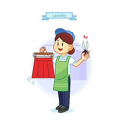 전신 여자 일러스트 가위 한명 서기 웃음 들기 사람 성인 치마 청결 빨랫감 세탁소 옷수선 국내일러스트 AI파일 1 모션 하의 문구용품 표정 위생 빨래 파일형식 벡터