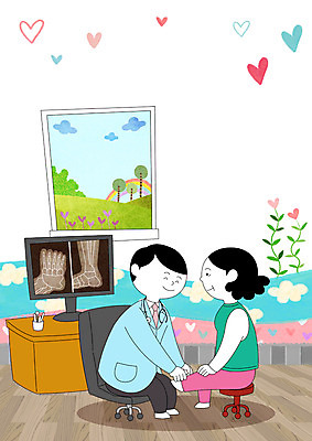 전신 PSD 여자 노년 남자 의자 일러스트 의학 엑스레이 병원 웃음 앉기 성인 두명 진료 환자 의사 하트 관절 무릎 국내일러스트 모양 가구 모션 뼈 표정 사람 신체부위 의료진 파일형식