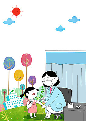 전신 PSD 나무 여자 어린이 일러스트 의학 나뭇잎 병원 주사기 마스크 서기 앉기 성인 두명 진료 환자 간호사 예방접종 국내일러스트 식물 잎 의료기기 모션 사람 의료진 접종 파일형식