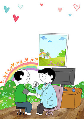 전신 PSD 노년 남자 무지개 의자 일러스트 창문 의학 병원 앉기 성인 두명 컴퓨터 진료 환자 의사 하트 책상 혈압 혈압측정 국내일러스트 자연요소 모양 가구 모션 사람 전자제품 의료진 측정 파일형식