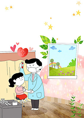 전신 PSD 나무 여자 남자 어린이 일러스트 창문 의학 나뭇잎 병원 마스크 서기 앉기 성인 두명 진료 환자 간호사 하트 채혈 국내일러스트 모양 식물 잎 모션 사람 의료진 파일형식