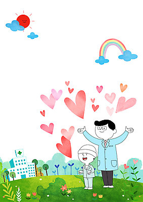 전신 PSD 구름 여자 남자 어린이 무지개 일러스트 의학 나뭇잎 병원 서기 웃음 초원 성인 두명 태양 진료 환자 의사 하트 언덕 암 완치 국내일러스트 자연요소 모양 잎 모션 표정 사람 의료진 질병 파일형식