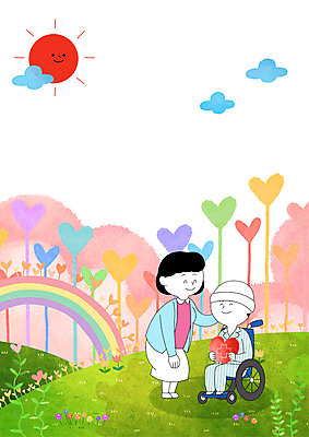 전신 PSD 구름 여자 남자 무지개 일러스트 의학 서기 웃음 들기 앉기 성인 두명 태양 진료 환자 간호사 하트 언덕 휠체어 암 완치 국내일러스트 자연요소 모양 모션 표정 사람 의료진 질병 파일형식