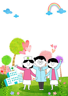 전신 PSD 나무 구름 여자 남자 꽃 무지개 일러스트 의학 나뭇잎 병원 서기 웃음 성인 세명 간호사 의료진 의사 하트 인사 국내일러스트 자연요소 모양 식물 직업 잎 모션 표정 사람 예절 파일형식