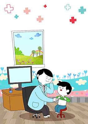 전신 PSD 나무 남자 어린이 의자 일러스트 창문 의학 병원 앉기 성인 두명 컴퓨터 진료 환자 의사 국내일러스트 식물 가구 모션 사람 전자제품 의료진 파일형식