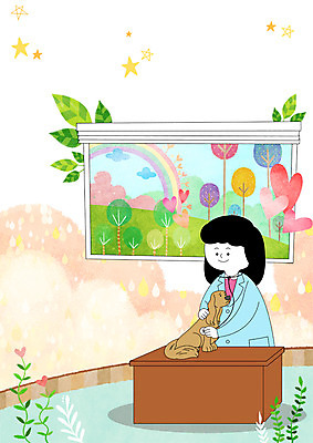 PSD 나무 응시 여자 무지개 일러스트 창문 의학 나뭇잎 병원 한명 서기 상반신 성인 진료 하트 강아지 수의사 쓰다듬기 국내일러스트 자연요소 모양 식물 1 시선 잎 모션 사람 반려동물 의사 개 파일형식