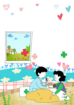 PSD 나무 여자 노년 남자 일러스트 의학 나뭇잎 병원 웃음 앉기 상반신 성인 두명 진료 이불 환자 의사 하트 혈압계 독거노인 혈압측정 왕진 국내일러스트 모양 식물 잎 의료기기 침구 모션 표정 사람 의료진 측정 혈압 파일형식