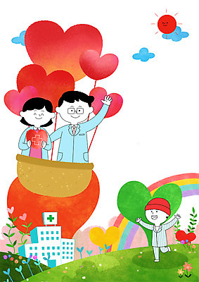 전신 PSD 나무 구름 여자 남자 어린이 무지개 일러스트 의학 나뭇잎 병원 서기 들기 상반신 성인 세명 환자 간호사 의사 열기구 하트 암 완치 국내일러스트 자연요소 모양 식물 잎 항공교통 모션 사람 의료진 질병 파일형식