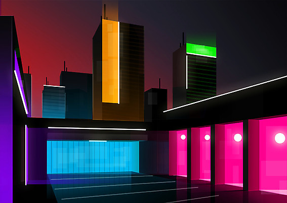 PSD 분홍색 야경 일러스트 빌딩 사람없음 건물 연두색 파란색 도시풍경 3D 보라색 주황색 도시 국내일러스트 건축물 컬러 풍경 초록색 야간 디지털합성 파일형식 풍경_경치