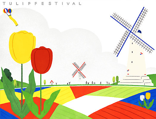 PSD 꽃 꽃밭 일러스트 사람모양 이벤트 사람없음 축제 산책로 풍차 튤립 애드벌룬 꽃놀이 꽃축제 튤립축제 국내일러스트 모양 식물 길 파일형식