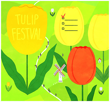 PSD 꽃 꽃밭 일러스트 프레임 사람모양 이벤트 사람없음 축제 산책로 풍차 튤립 꽃축제 체크리스트 튤립축제 프레임일러스트 국내일러스트 모양 식물 길 파일형식