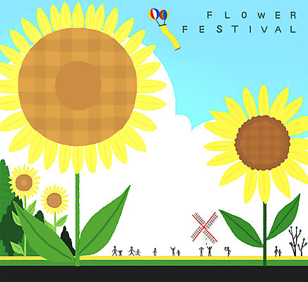 PSD 꽃 일러스트 해바라기 사람모양 이벤트 사람없음 여름 축제 풍차 애드벌룬 꽃축제 국내일러스트 모양 식물 계절 파일형식