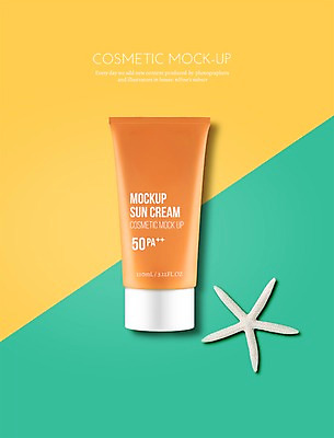 PSD 편집이미지 불가사리 사람없음 초록색 여름 뷰티 노란색 3D 화장품 용기 선크림 디지털합성 목업 편집3D 그릇 계절 컬러 극피동물 파일형식