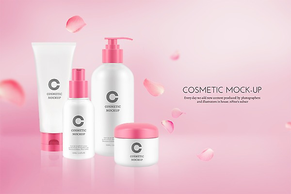 PSD 편집이미지 꽃잎 꽃 분홍색 사람없음 뷰티 3D 화장품 용기 디지털합성 스킨 로션 스킨케어 보습크림 스킨로션 목업 편집3D 식물 그릇 컬러 파일형식
