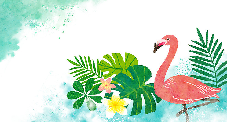 PSD 꽃 하늘색 백그라운드 꽃무늬 일러스트 나뭇잎 사람없음 여름 플라밍고 계절백그라운드 야자수잎 트로피컬아트 프랜지파니 여름배경 국내일러스트 식물 계절 잎 무늬 조류 파란색 그림 파일형식