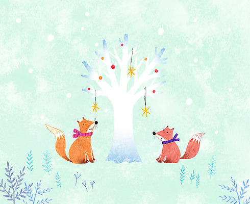 PSD 나무 동물 백그라운드 두마리 겨울 일러스트 나뭇잎 사람없음 장식 눈 여우 겨울배경 국내일러스트 자연요소 식물 계절 잎 2 포유류 날씨 파일형식
