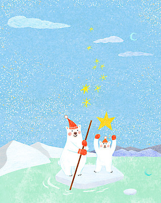 PSD 동물 별 백그라운드 두마리 겨울 일러스트 하늘 산 사람없음 얼음 달 야간 북극 북극곰 겨울배경 국내일러스트 자연요소 계절 2 곰 극지방 파일형식