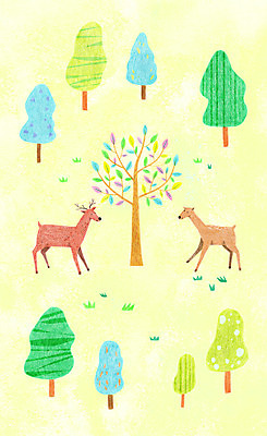PSD 나무 동물 백그라운드 두마리 일러스트 사슴 나뭇잎 사람없음 만남 숲 국내일러스트 식물 컨셉 잎 2 포유류 파일형식