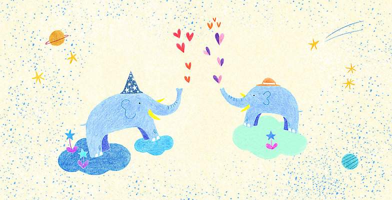 PSD 동물 구름 별 백그라운드 두마리 일러스트 코끼리 사람없음 우주 하트 야간 유성 국내일러스트 자연요소 모양 2 포유류 파일형식