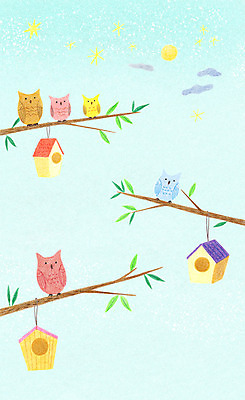 PSD 나무 동물 별 백그라운드 여러마리 일러스트 밤하늘 하늘 사람없음 달 야간 부엉이 국내일러스트 자연요소 식물 다수 조류 파일형식