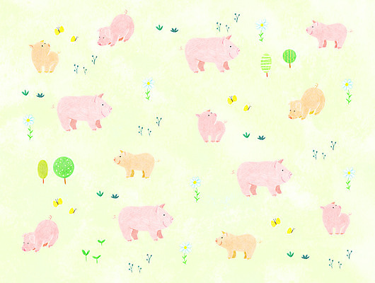 PSD 나무 동물 꽃 나비 백그라운드 패턴 여러마리 일러스트 초원 사람없음 돼지 국내일러스트 식물 다수 곤충 무늬 포유류 파일형식