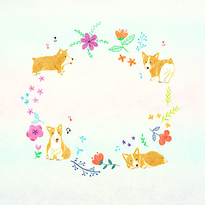 PSD 동물 꽃 백그라운드 음표 여러마리 일러스트 나뭇잎 사람없음 강아지 웰시코기 국내일러스트 식물 기호 음악 다수 잎 반려동물 개 파일형식