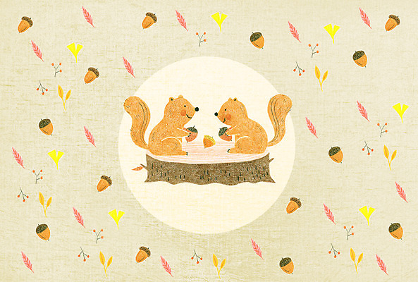 PSD 동물 백그라운드 두마리 패턴 일러스트 나뭇잎 사람없음 다람쥐 도토리 나무밑둥 국내일러스트 나무 잎 2 무늬 견과류 설치류 파일형식