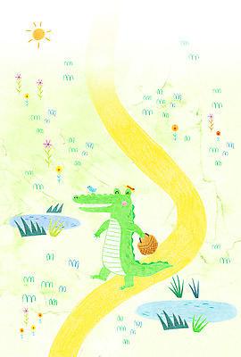 PSD 동물 꽃 백그라운드 두마리 일러스트 나뭇잎 초원 사람없음 태양 오솔길 웅덩이 악어 악어새 국내일러스트 자연요소 식물 길 잎 2 파충류 조류 파일형식