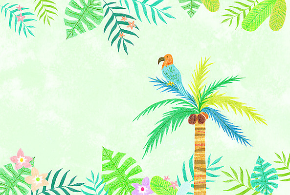 PSD 동물 한마리 꽃 백그라운드 일러스트 사람없음 여름 야자수 숲 앵무새 열대나무 국내일러스트 나무 식물 1 계절 조류 파일형식
