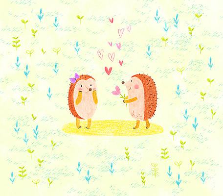 PSD 동물 백그라운드 프로포즈 두마리 일러스트 사랑 잔디 사람없음 하트 고슴도치 국내일러스트 모양 식물 감정 2 포유류 파일형식
