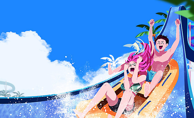 전신 PSD 구름 여자 남자 수영복 일러스트 물놀이 하늘 수영장 성인 두명 여름 여름휴가 바캉스 비키니 야자수 수영 무서움 즐거움 튜브 워터슬라이드 워터파크 국내일러스트 자연요소 나무 옷 계절 감정 놀이 휴가 사람 수상스포츠 파일형식 여름_계절