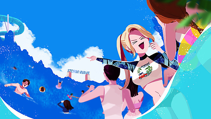 PSD 여자 남자 수영복 일러스트 물놀이 수영장 여러명 상반신 성인 여름 여름휴가 바캉스 비키니 야자수 수영 즐거움 튜브 워터파크 파도풀 국내일러스트 나무 옷 계절 감정 다수 놀이 휴가 사람 수상스포츠 파일형식 여름_계절