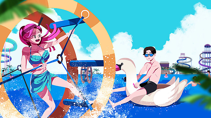 전신 PSD 여자 남자 수영복 일러스트 물놀이 수영장 성인 두명 여름 여름휴가 바캉스 비키니 야자수 수영 튜브 오리튜브 워터파크 국내일러스트 나무 옷 계절 놀이 휴가 사람 수상스포츠 파일형식 여름_계절