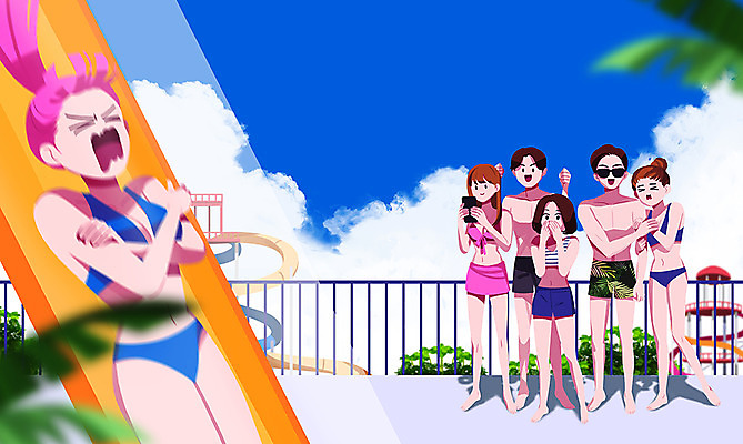 전신 PSD 여자 남자 수영복 일러스트 물놀이 수영장 서기 여러명 성인 여름 여름휴가 바캉스 비키니 야자수 수영 무서움 즐거움 슬라이드 워터파크 국내일러스트 나무 옷 계절 감정 다수 모션 놀이 휴가 사람 수상스포츠 파일형식 여름_계절